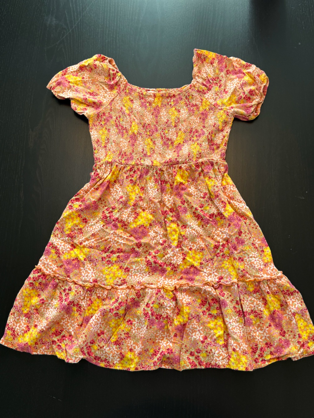 Girls Floral Puff-Sleeve Casual Dress in Pink & Yellow